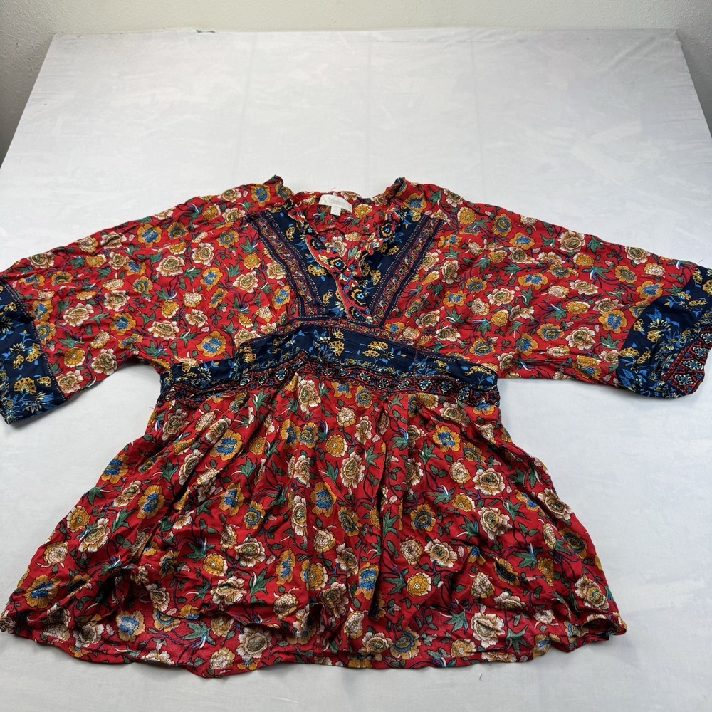 Weekend Suzanne Betro Red Floral Boho Kimono Sleeve Tunic Blouse Size 1X